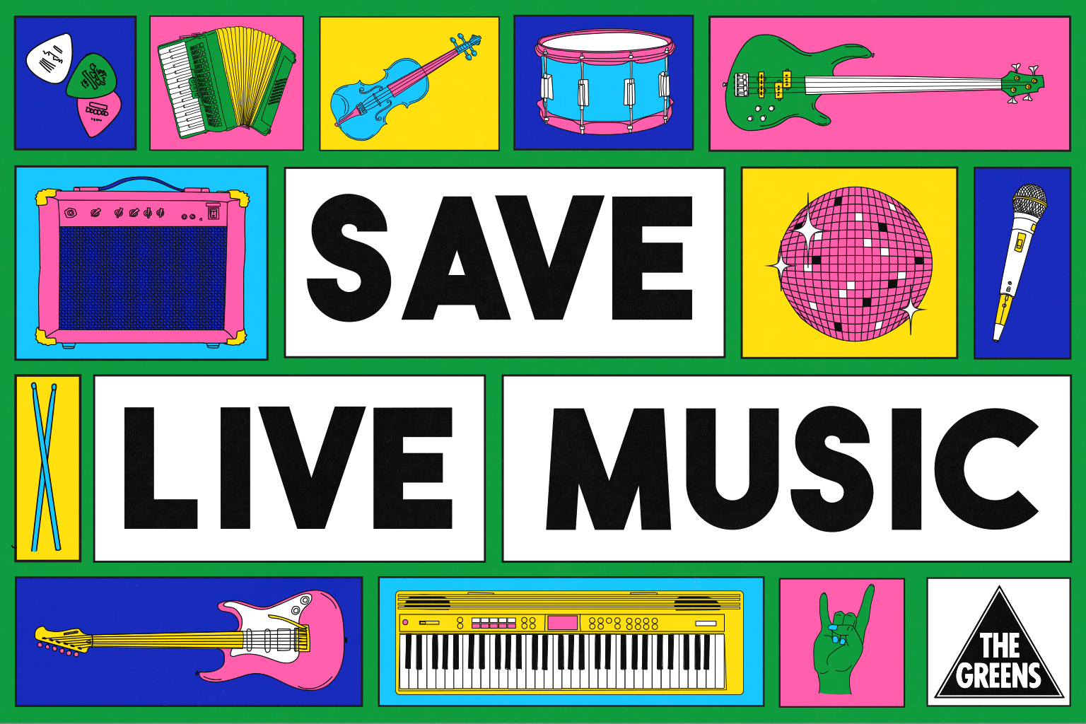 Illustration with bold text 'Save Live Music' surrounded by illustrated instruments